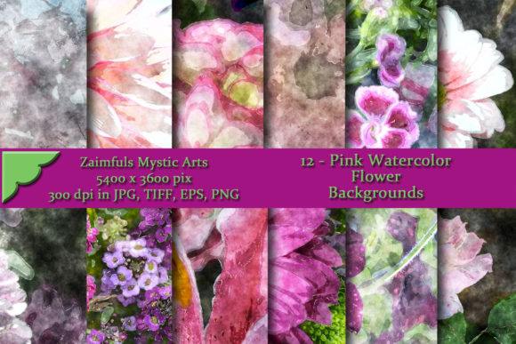 12 Pink Watercolor Flower Backs for Illustrations