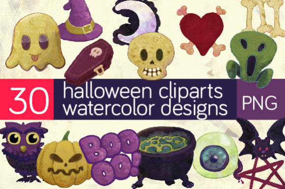 30 Watercolor Cartoon Halloween Illustrations