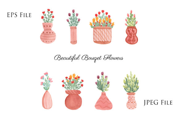 Collection of Flowers Vases Watercolor Illustrations