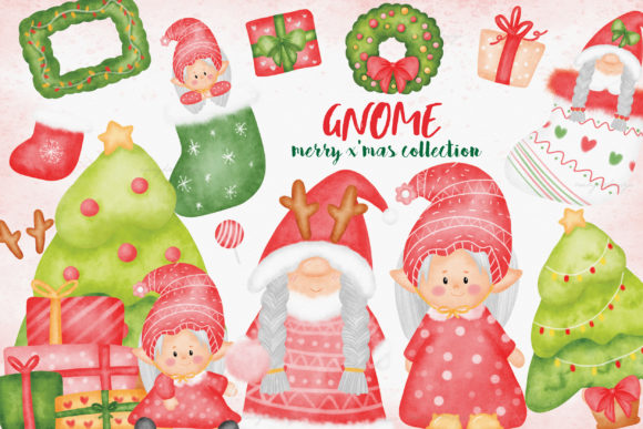 Gnome Girls Christmas Watercolor Set and Illustrations