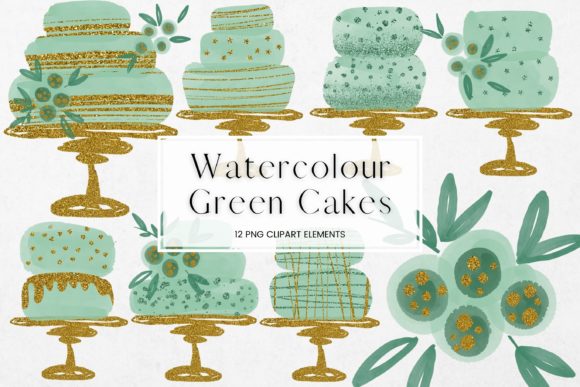 Green Watercolour and Glitter Cakes Illustrations