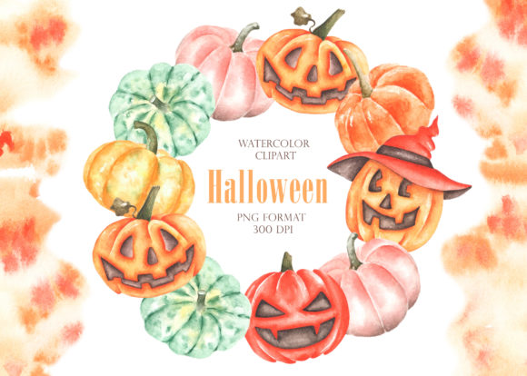 Halloween Pumpkins Watercolor Wreath Illustrations