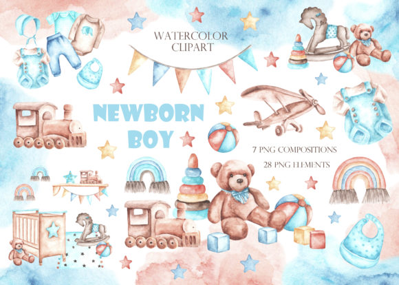 Newborn Baby Boy Watercolor Clipart and Illustrations