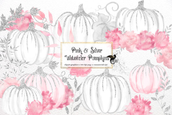 Pink and Silver Watercolor Pumpkins Illustrations