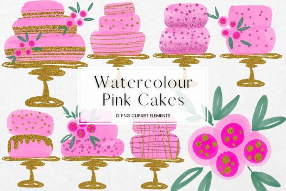 Pink Watercolour and Glitter Cakes Illustrations