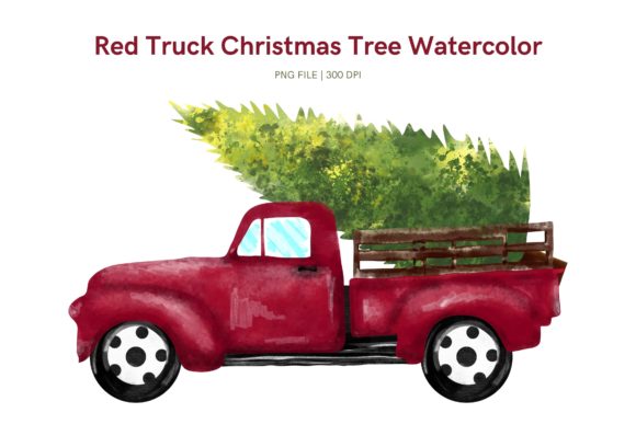 Red Truck Christmas Tree Watercolor Illustrations