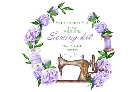 Sewing Watercolor Wreath Frame Illustrations
