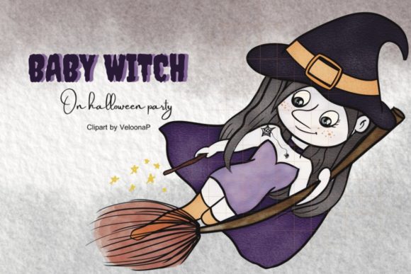 Watercolor Baby Witch on Halloween Night Illustrations