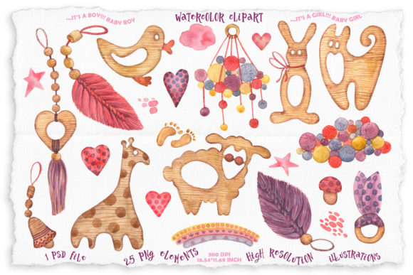 Watercolor Baby Wooden Toys Clipart and Illustrations