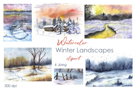 Watercolor Digital Winter Landscape Jpeg Illustrations