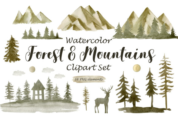 Watercolor Forest Mountains Clipart and Illustrations
