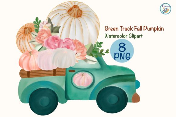 Watercolor Green Truck Fall Pumpkin Illustrations