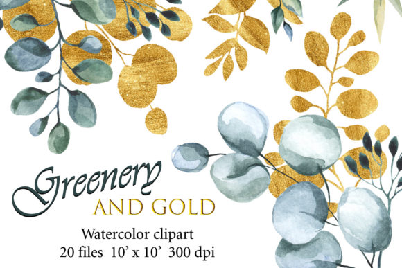 Watercolor Greenery and Gold Clipart Illustrations