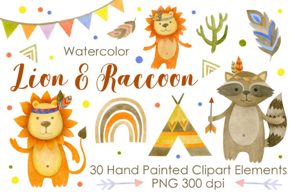Watercolor Lion and Raccoon Clipart, Illustrations