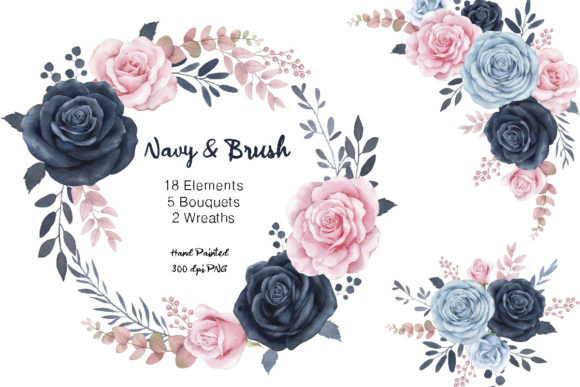 Watercolor Navy Blush Flowers Clipart and Illustrations