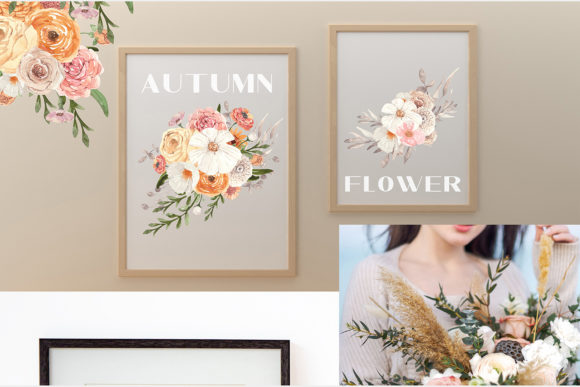 Watercolor Set of Autumn Floral Bouquets and Illustrations