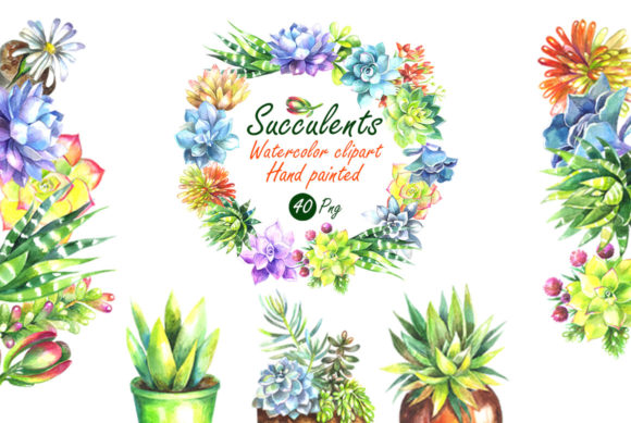 Watercolor Succulents Clip Art Set and Illustrations