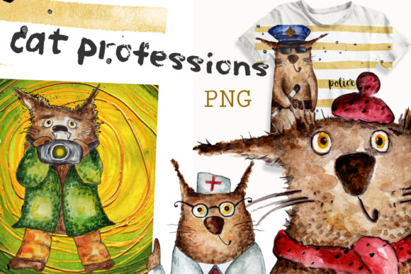 Watercolor the Cat Profession Illustrations