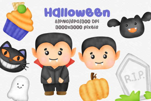 Watercolor Vampire Halloween Clipart and Illustrations