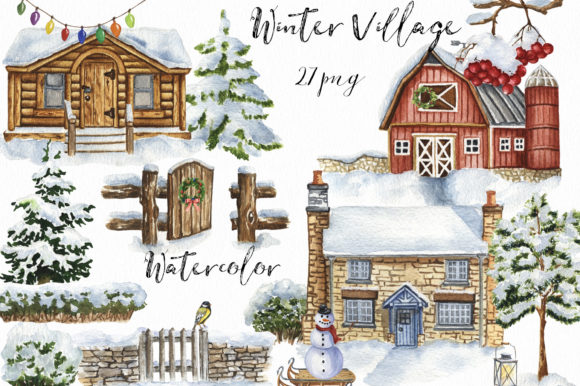 Watercolor Winter Village Clipart and Illustrations