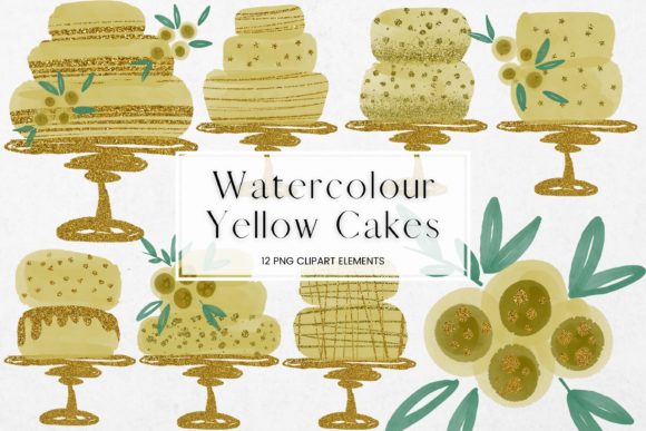 Yellow Watercolour and Glitter Cake Illustrations